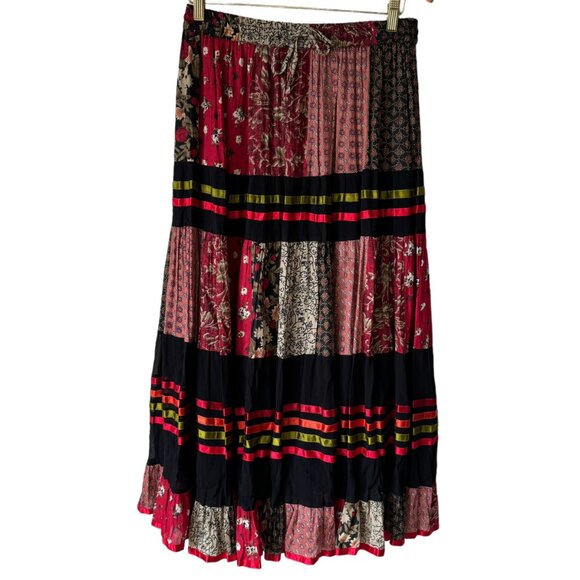 Sacred Threads Patchwork Ribbon Maxi Skirt One Size Elastic Waist Tie Lined Boho - Picture 16 of 16